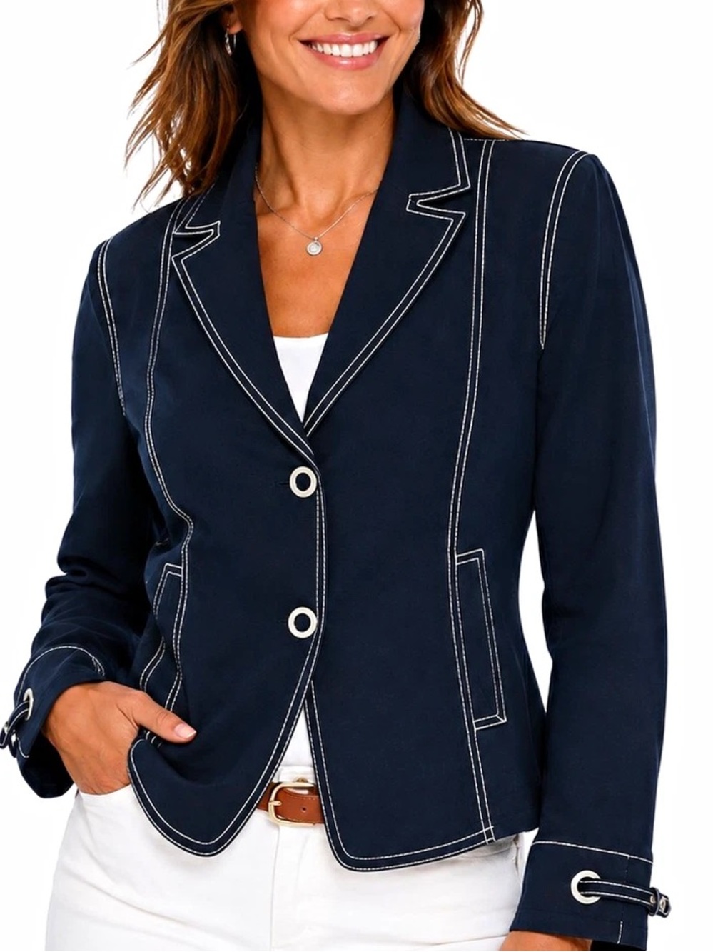 Liz Claiborne Navy Blue Blazer Jacket White Contrast Topstitch Y2K Vintage Sz 6